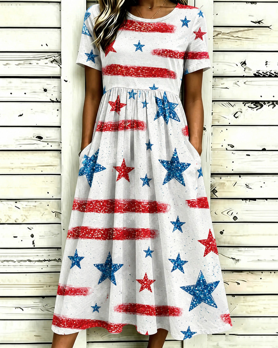 Color-blocked Striped Stars Print Pocket Casual Dress