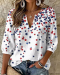 Color‑blocked Star Print V‑Neck 3/4 Sleeve Blouse