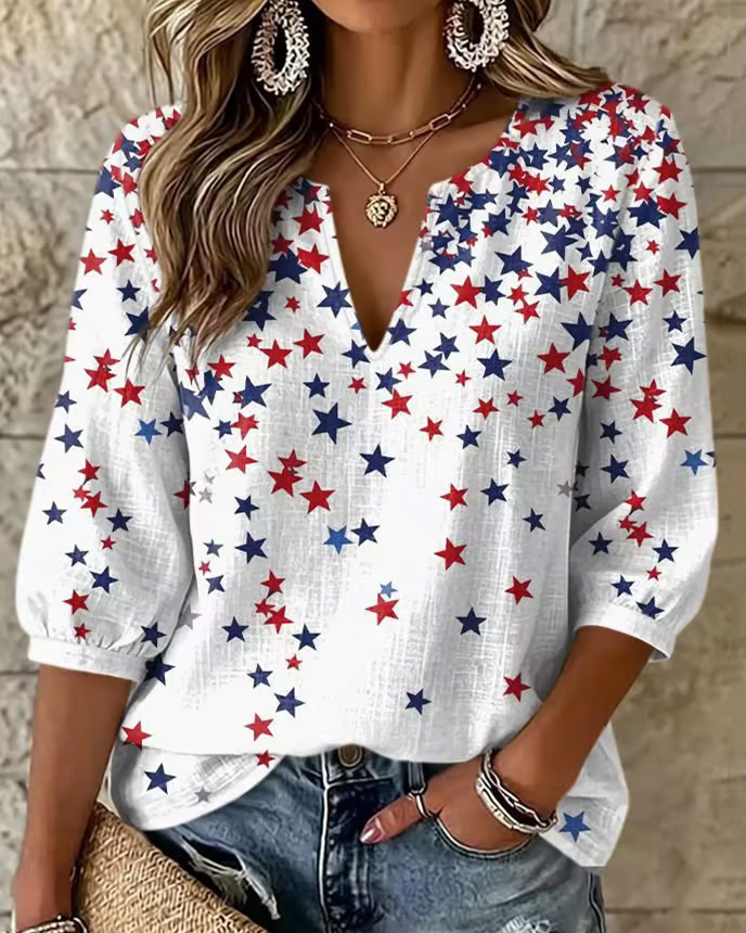 Color‑blocked Star Print V‑Neck 3/4 Sleeve Blouse