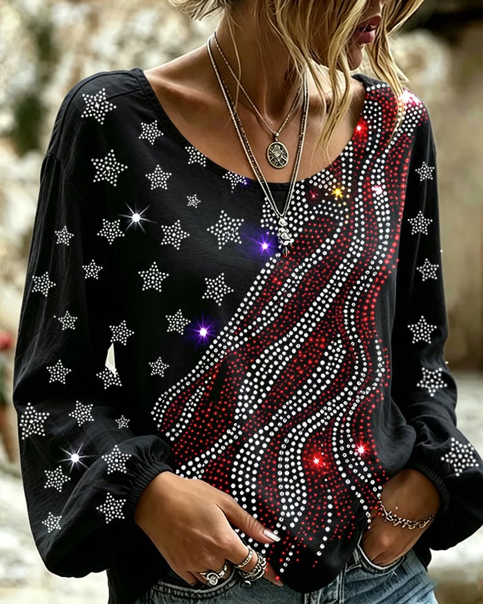 Colored Star Diamonds Print Round Neck Puff Sleeves Blouse