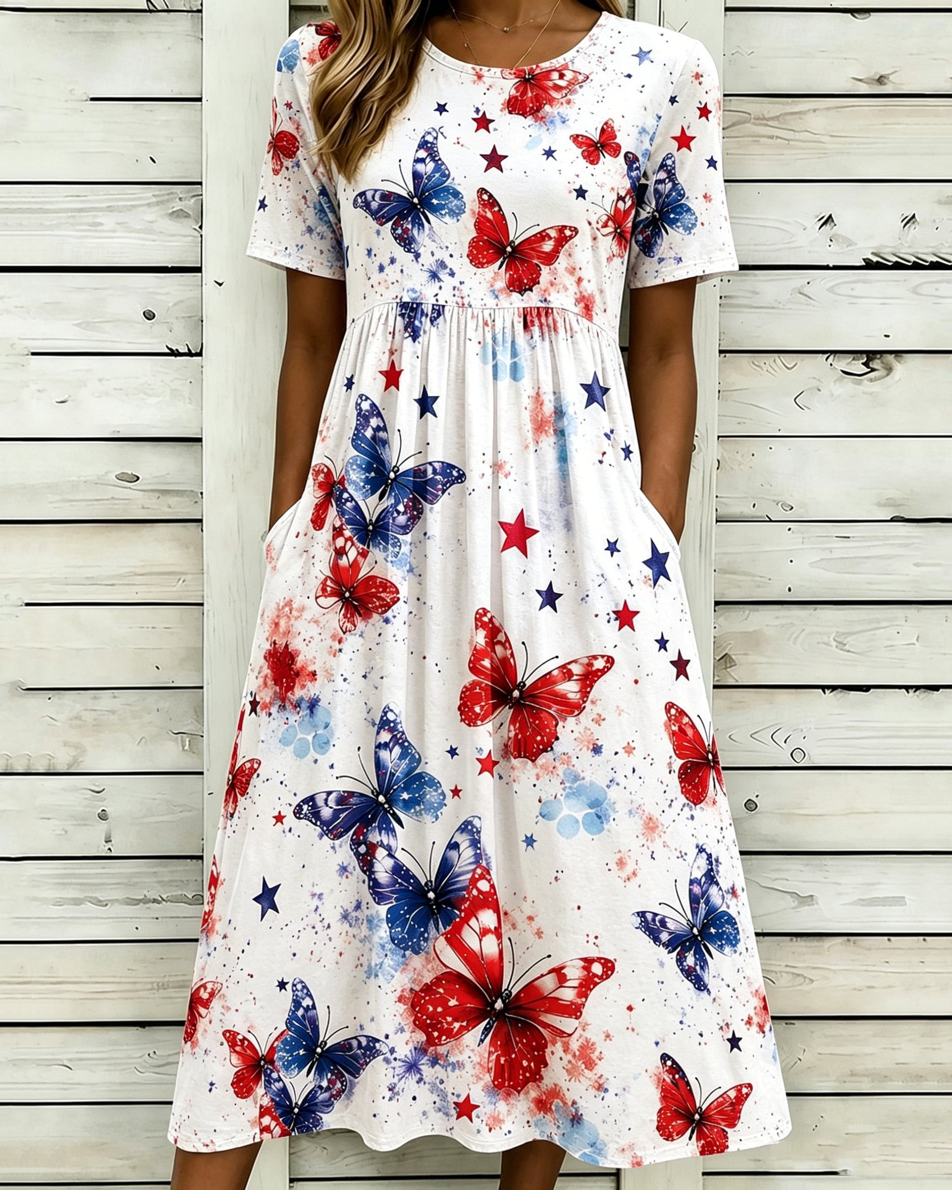 Colorful Butterfly Stars Print Pocket Casual Dress