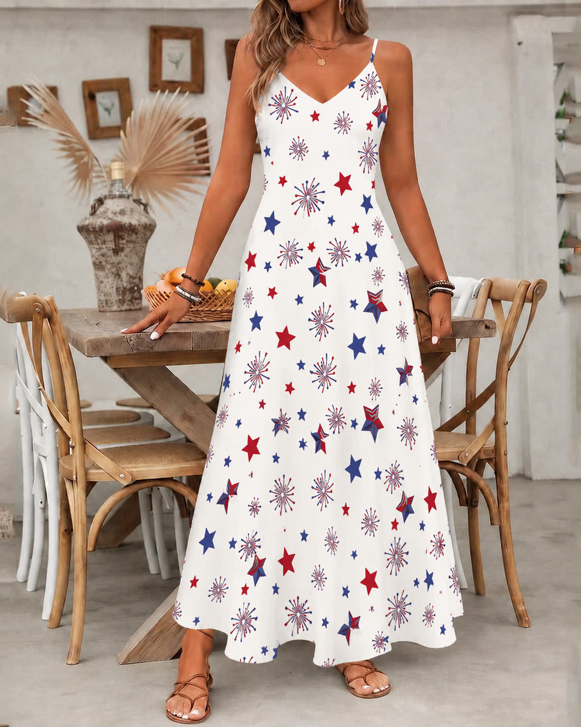 Colorful Little Star Fireworks Print Pocket Maxi Dress