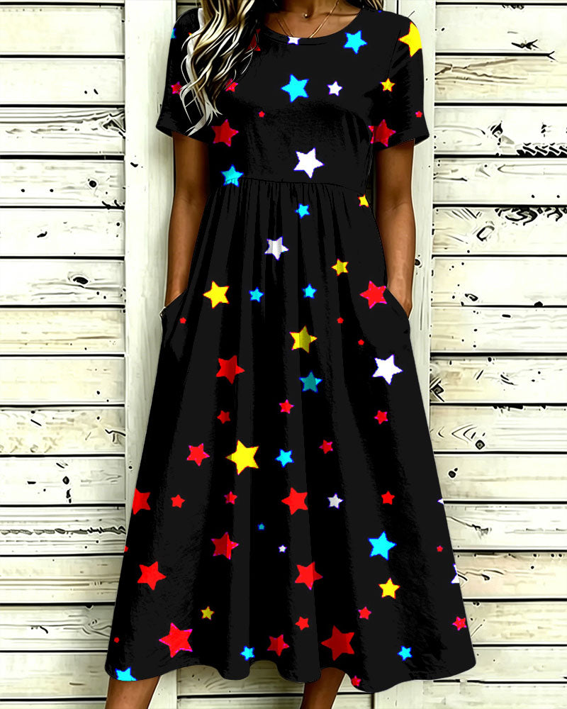 Colorful Little Stars Print Pocket Casual Dress
