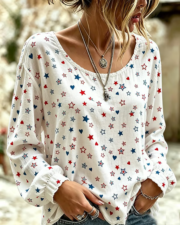 Colorful Little Stars Print Round Neck Puff Sleeves Blouse