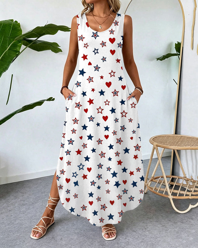 Colorful Stars and Hearts Print Round Neck Pocket Casual Dress
