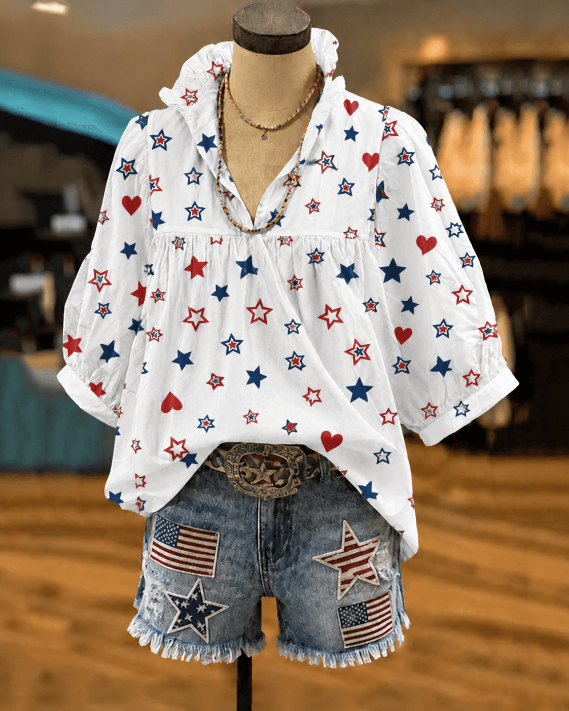 Colorful Stars and Hearts Print V‑Neck Puff Sleeve Blouse