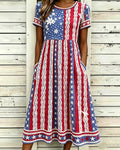 Colorful Star Striped Lace Print Pocket Casual Dress