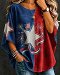 Contrast-Color American Flag Stars Print Round Neck Loose Top