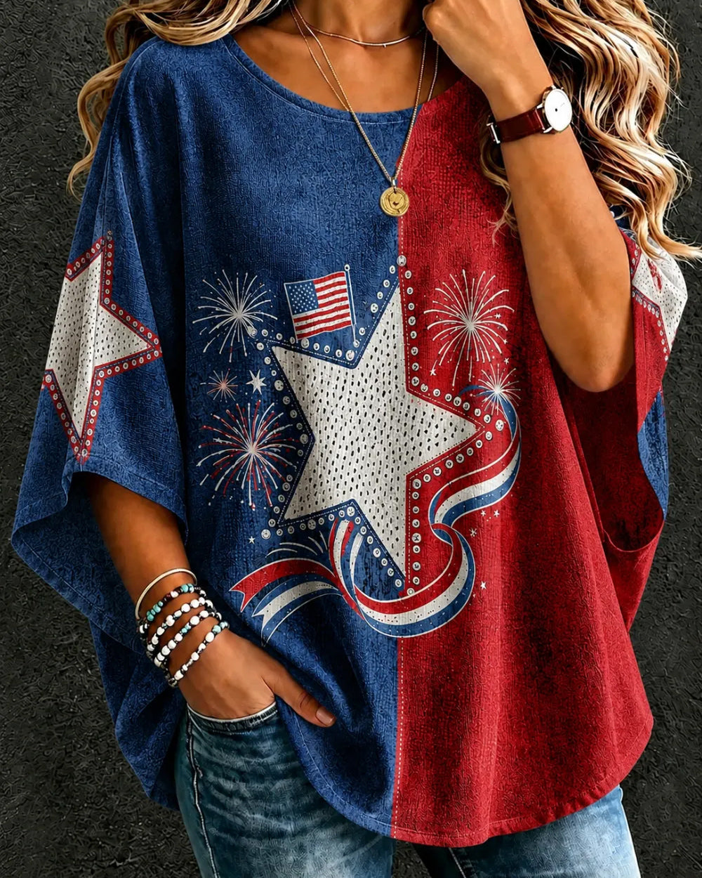 Contrast-Color American Flag Stars Print Round Neck Loose Top