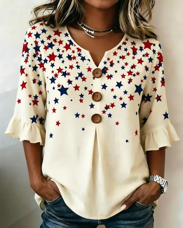 Contrast-Color Little Stars Cotton Linen Shirt
