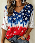Contrast Tie-Dye Stars Print V-neck Half Sleeved Loose Top