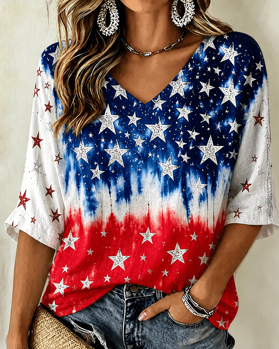 Contrast Tie-Dye Stars Print V-neck Half Sleeved Loose Top