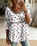 Contrasting Color Heart Stars Print Round Neck Blouse
