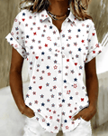 Contrasting Color Heart Stars Print Lapel Button-Down Short-Sleeved Shirt
