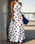 Contrasting Color Stars and Hearts Halter Neck High Waist Maxi Dress