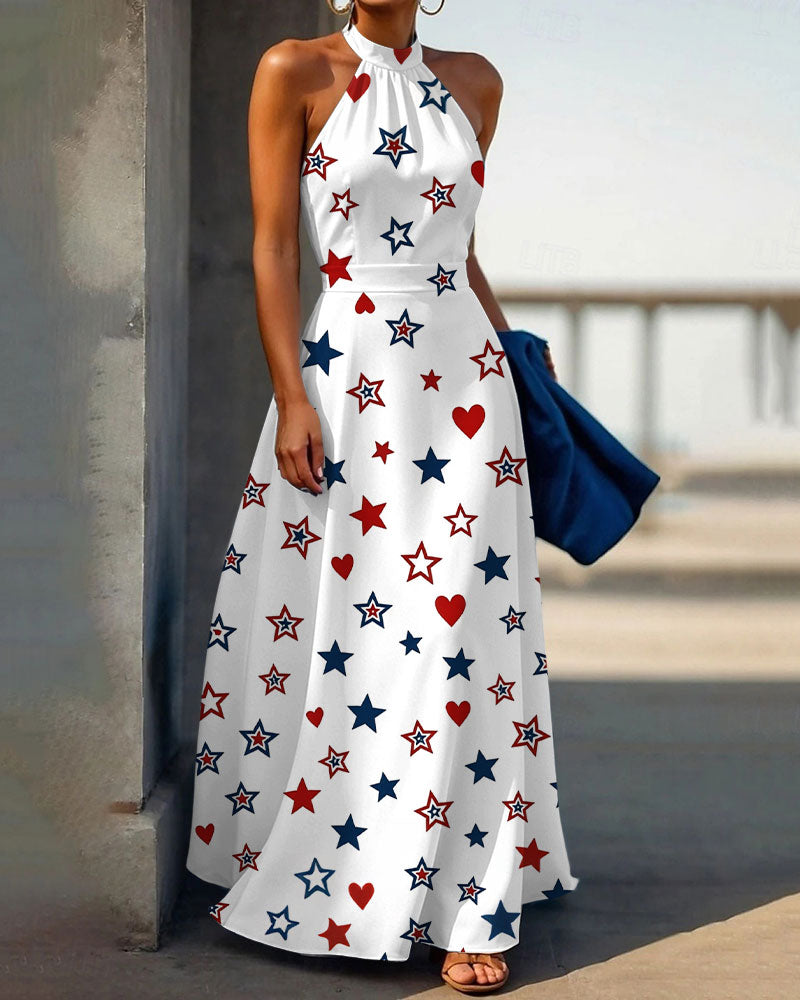 Contrasting Color Stars and Hearts Halter Neck High Waist Maxi Dress