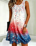 Contrasting Colors Small Flowers Round Neck Sleeveless Mini Casual Dress