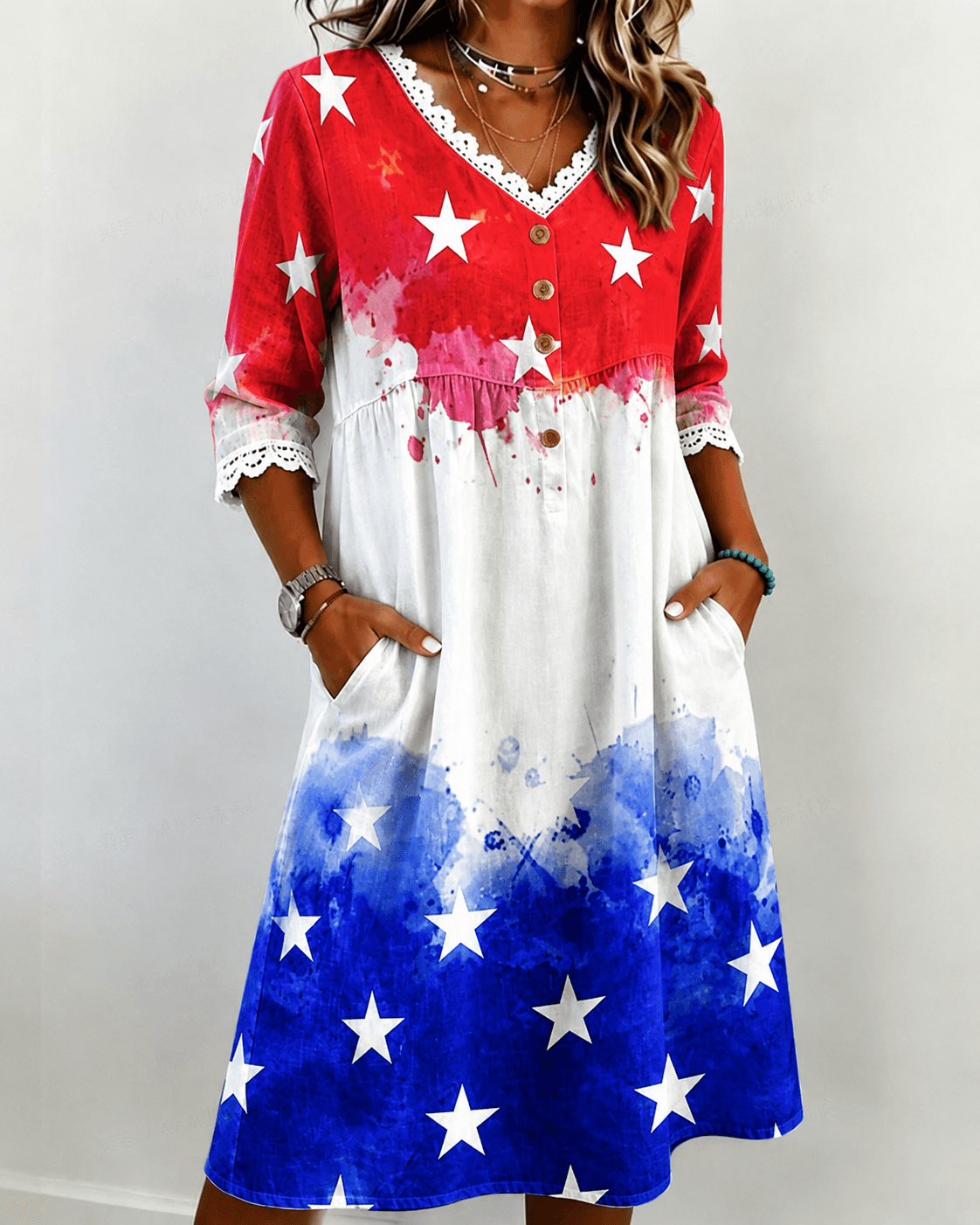 Contrasting Colors National Flag Oil Print V-Neck Lace-Paneled Cotton Linen Casual Dress