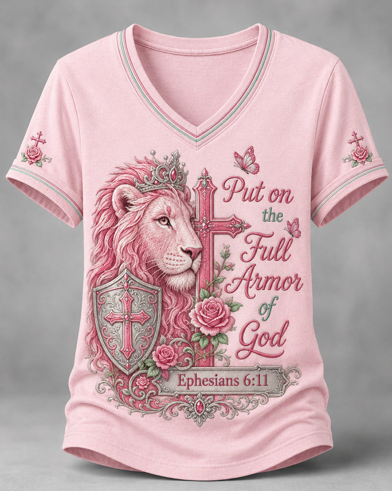 Women's Christian Put On The Full Armor Of God Print Casual V-Neck Tee