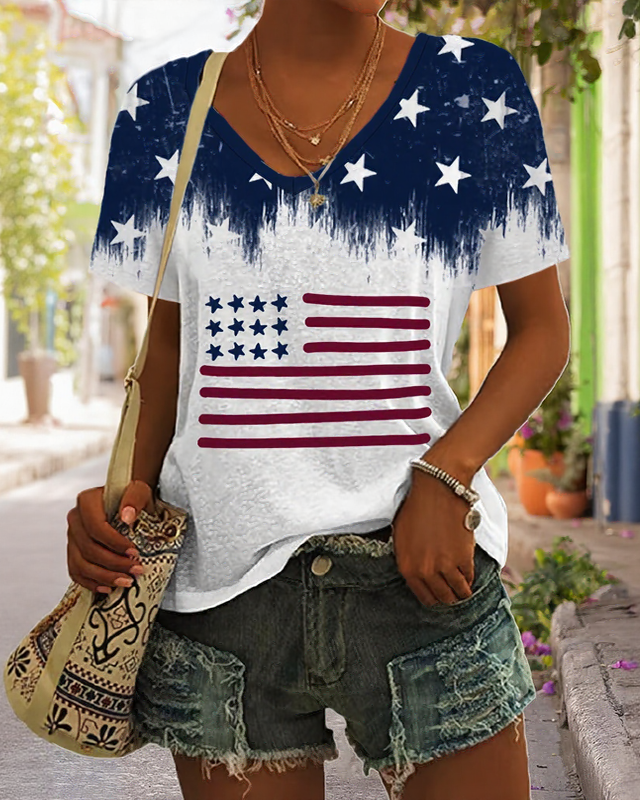 250th Anniversary National Flag Patchwork Print Print V-neck Short Sleeve Tshirt