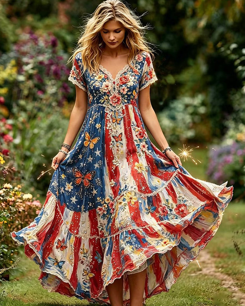 Stars And Stripes Butterfly Floral Patchwork V-Neck Short Sleeve Large Swing Dress
