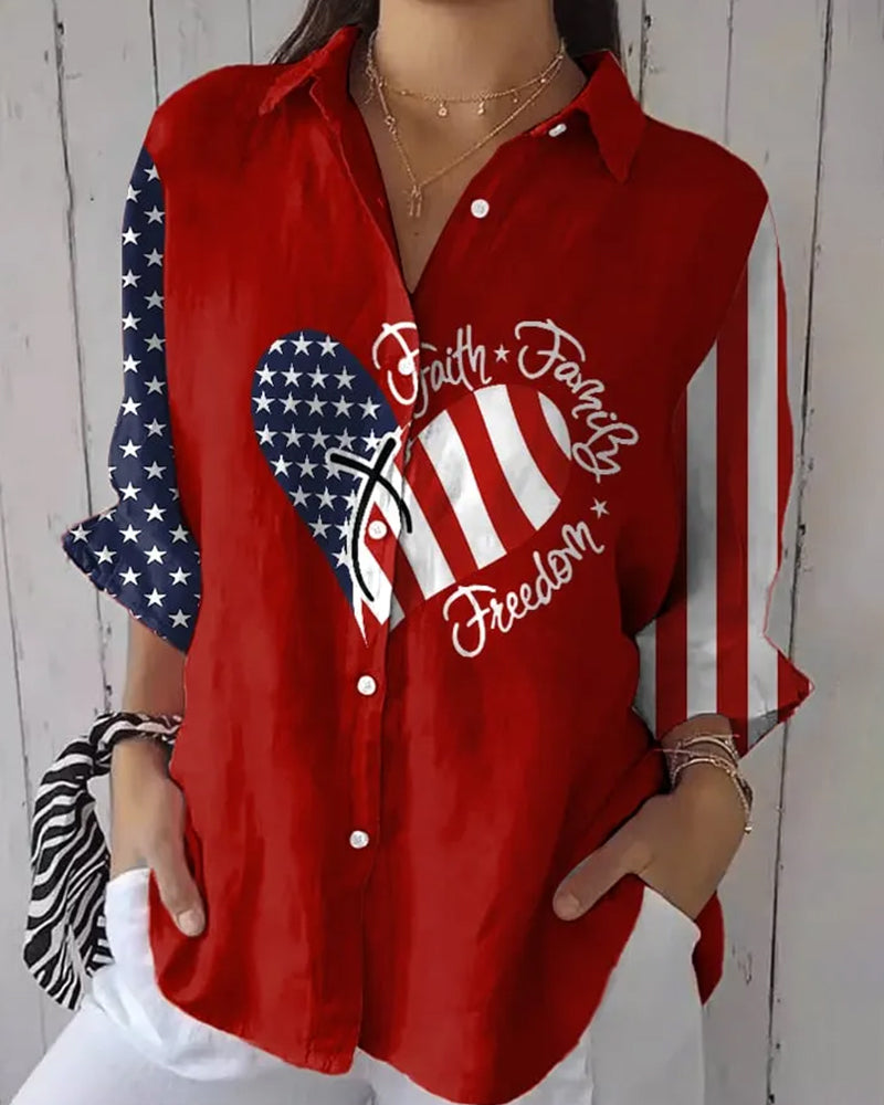 American Flag Faith Family Freedom Heart Print Red Shirt