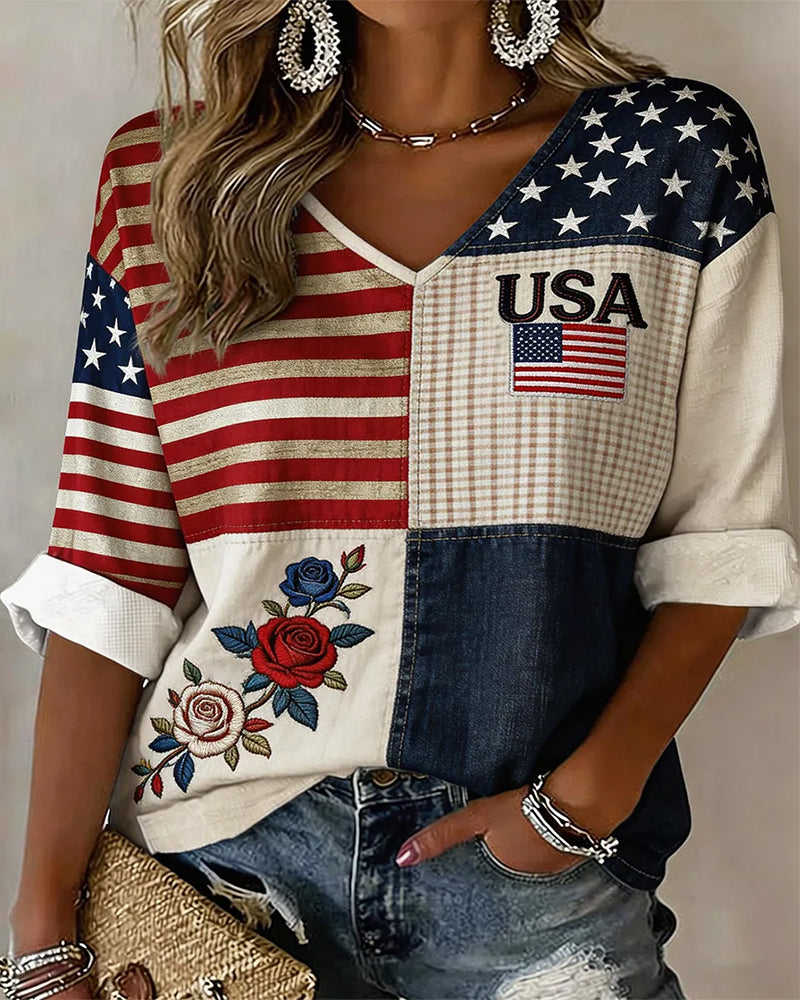 USA Flag Patchwork Plaid Rose V-Neck Mid-Sleeve Tee