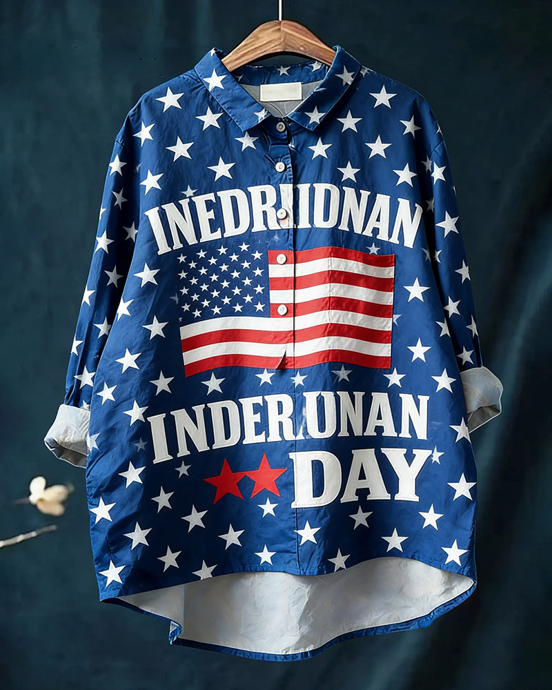 US Independence Day Star Flag Print Blue Shirt
