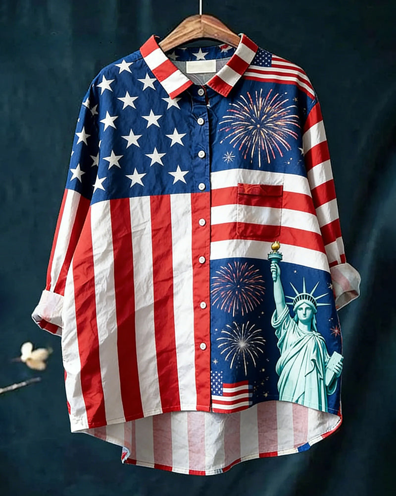 American Flag Liberty Fireworks Print Shirt