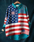 American Flag Fireworks Print Contrast Collar Shirt