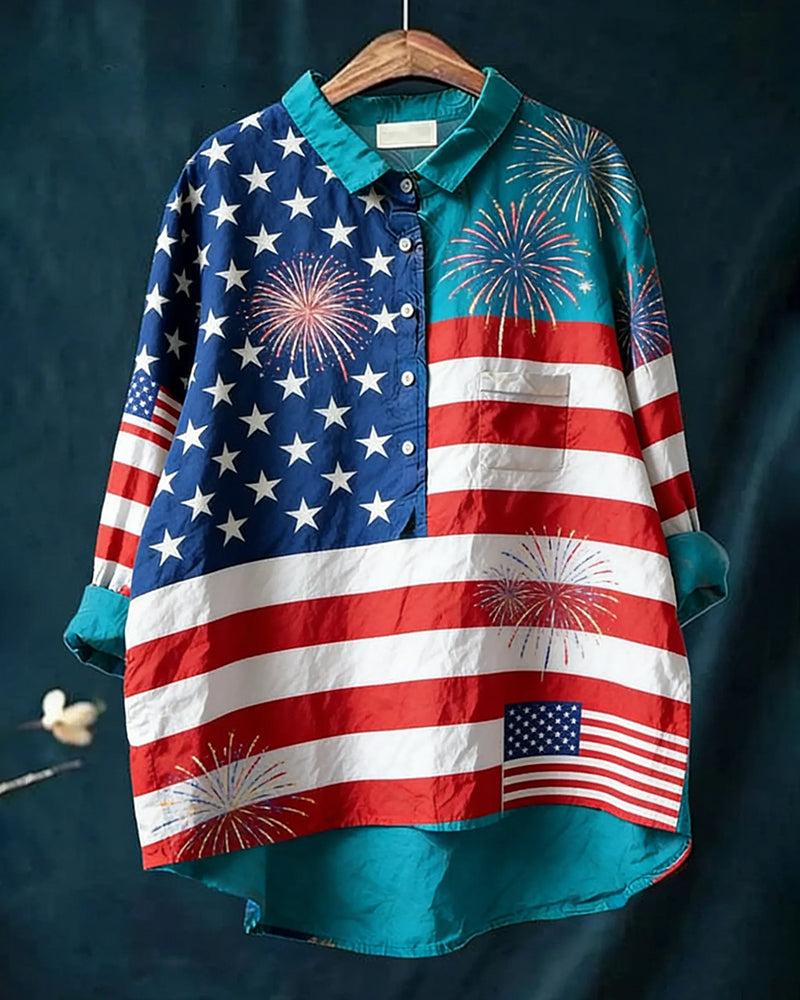 American Flag Fireworks Print Contrast Collar Shirt