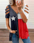 American Flag Contrast Star Zipper V-Neck Cutout Short-Sleeve T-Shirt