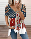 American Flag Floral Butterfly V-Neck Zipper Cutout Short Sleeve Tee