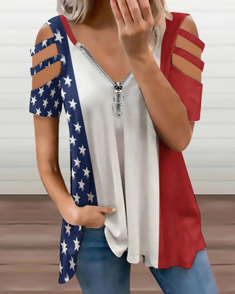 American Flag Three Color Stitching Stars Zipper V-Neck Cutout Short Sleeve T-Shirt