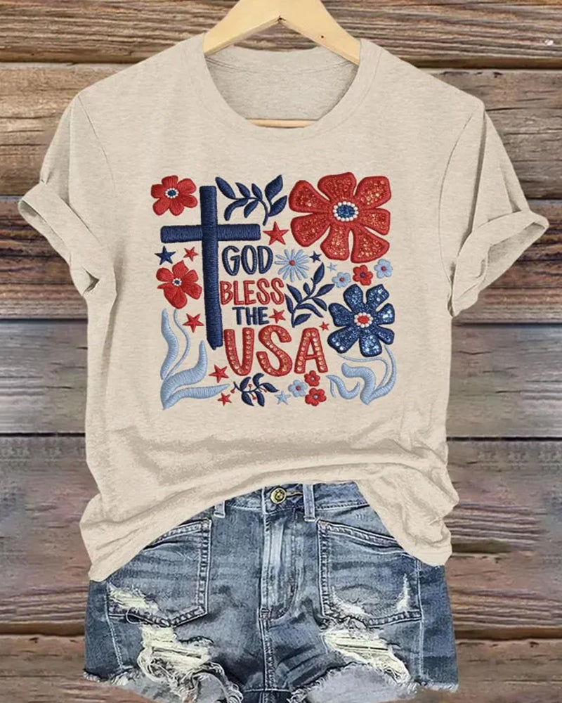 God Bless The USA Floral Cross-Print Short Sleeve Tee
