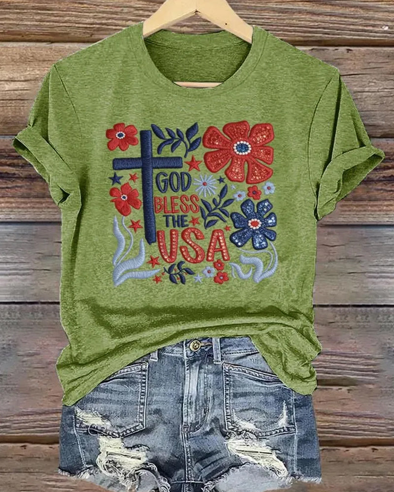 God Bless The USA Floral Cross-Print Short Sleeve Tee