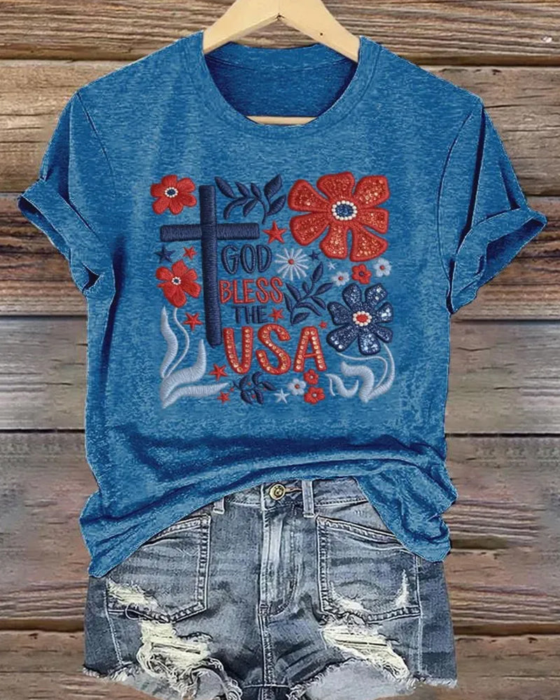 God Bless The USA Floral Cross-Print Short Sleeve Tee