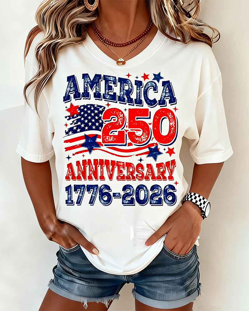 America 250 Anniversary Flag Distressed Printed Short Sleeve T-shirt