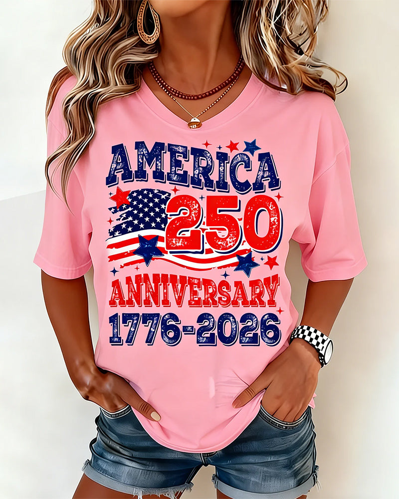 America 250 Anniversary Flag Distressed Printed Short Sleeve T-shirt