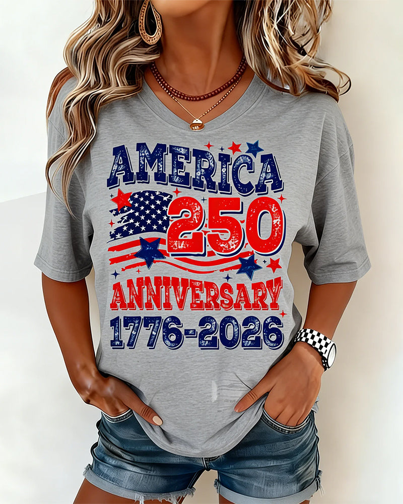 America 250 Anniversary Flag Distressed Printed Short Sleeve T-shirt