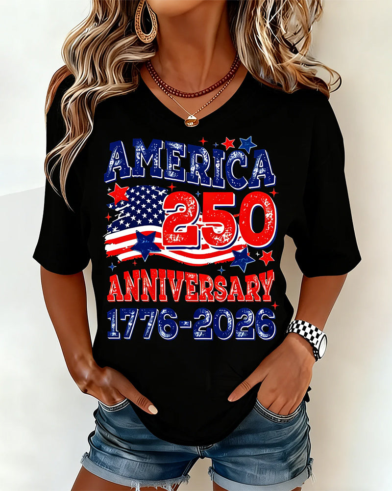 America 250 Anniversary Flag Distressed Printed Short Sleeve T-shirt