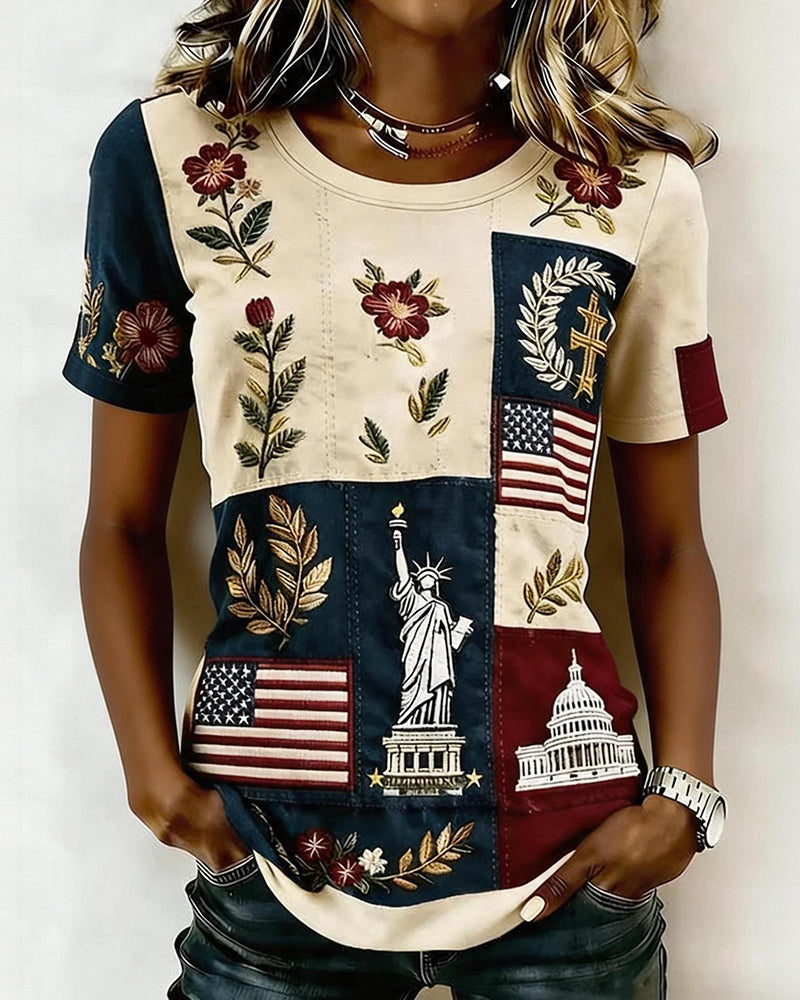 Statue Of Liberty Flag Floral Stitching Embroidered Short Sleeve T-Shirt