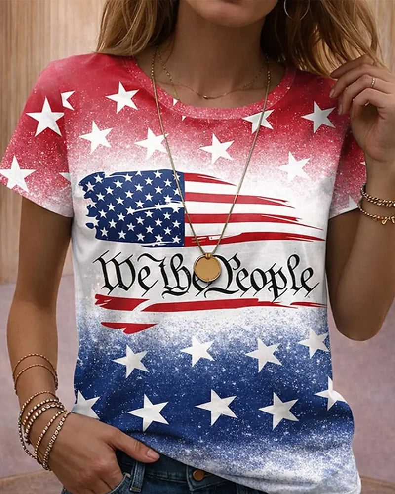 American Flag We The People Gradient Star Print Short Sleeve Tee