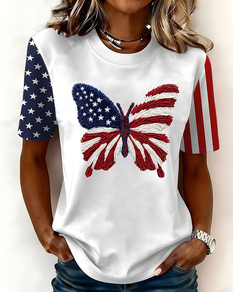 American Flag Butterfly Flocking Stars Striped Short Sleeve Tee