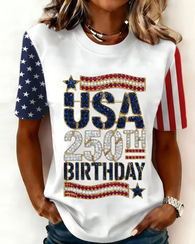 USA 250 Anniversary Flash Diamond Flag Spliced Sleeve Printed Short Sleeve T-Shirt