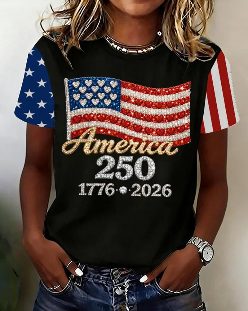 United States 250 Anniversary Flag Love Flash Diamond Printed Short Sleeve T-Shirt