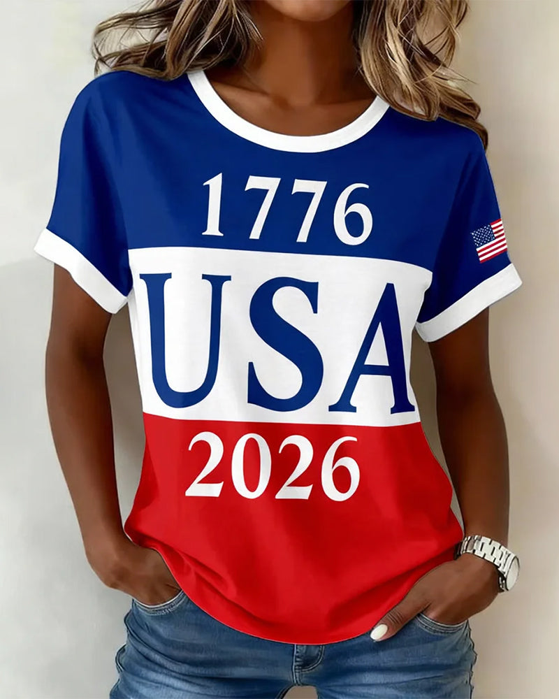 USA 1776-2026 Three-color Stitching Printed Short Sleeve T-shirt