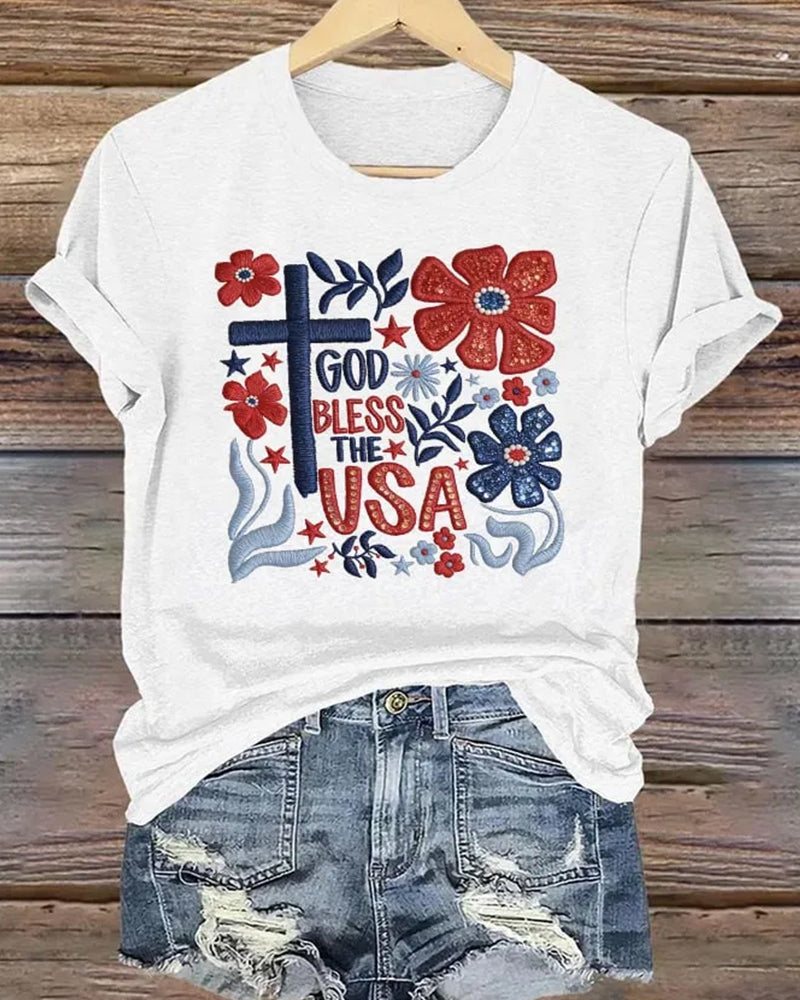 God Bless The USA Floral Cross-Print Short Sleeve Tee