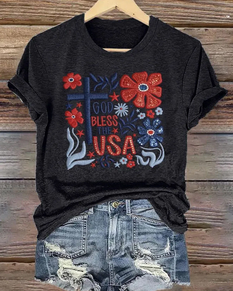God Bless The USA Floral Cross-Print Short Sleeve Tee