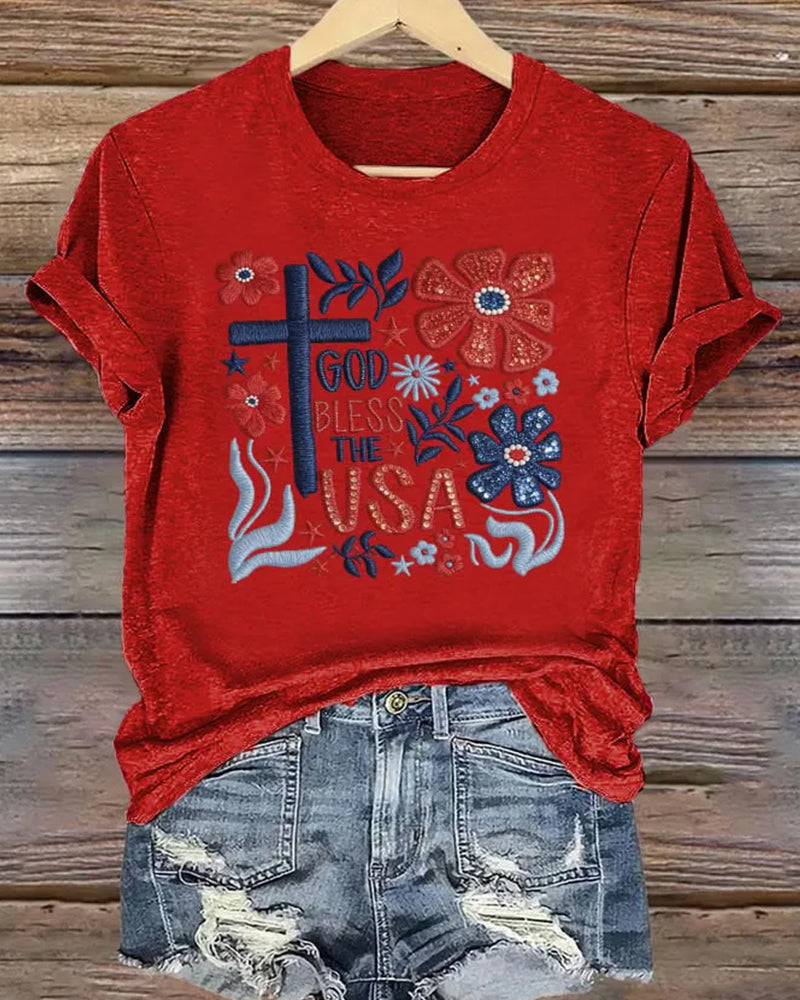 God Bless The USA Floral Cross-Print Short Sleeve Tee